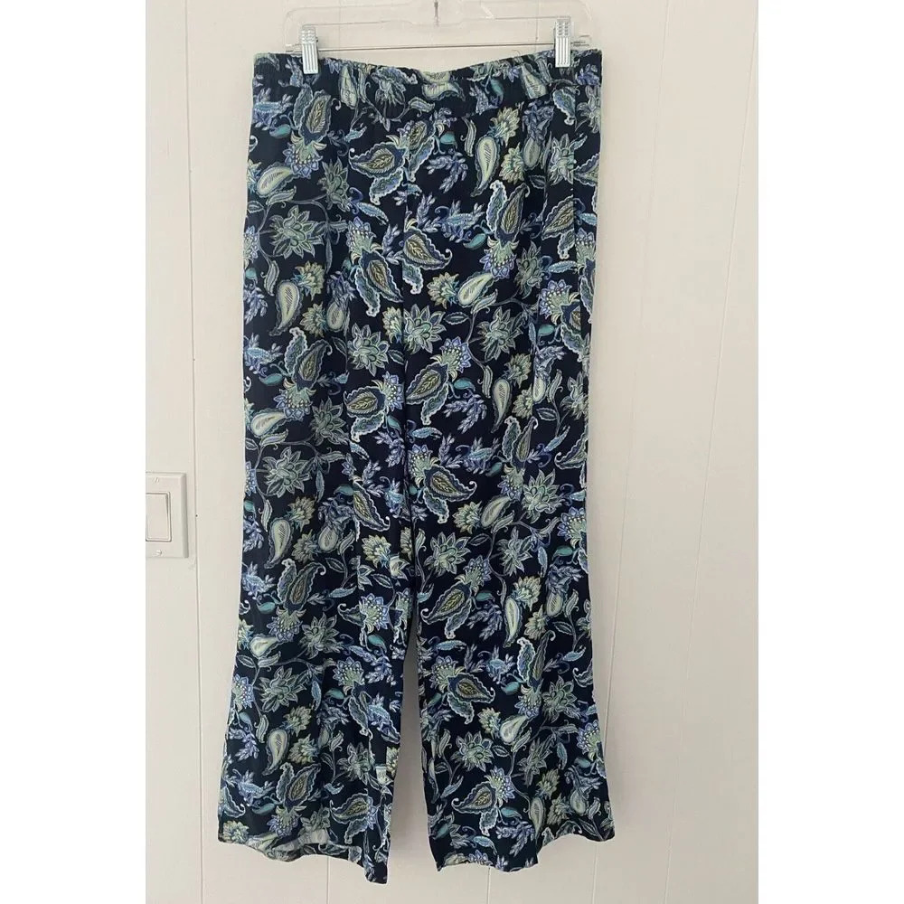 J. Jill Woman Pants M Paisley Print Wide Full Leg Flowy Airy Navy Blue Rayon